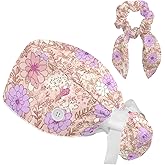 Scrub Caps Women Nursing Hats Floral Flowers with Buttons Ponytail Working Adjustable Pouch Tie Back