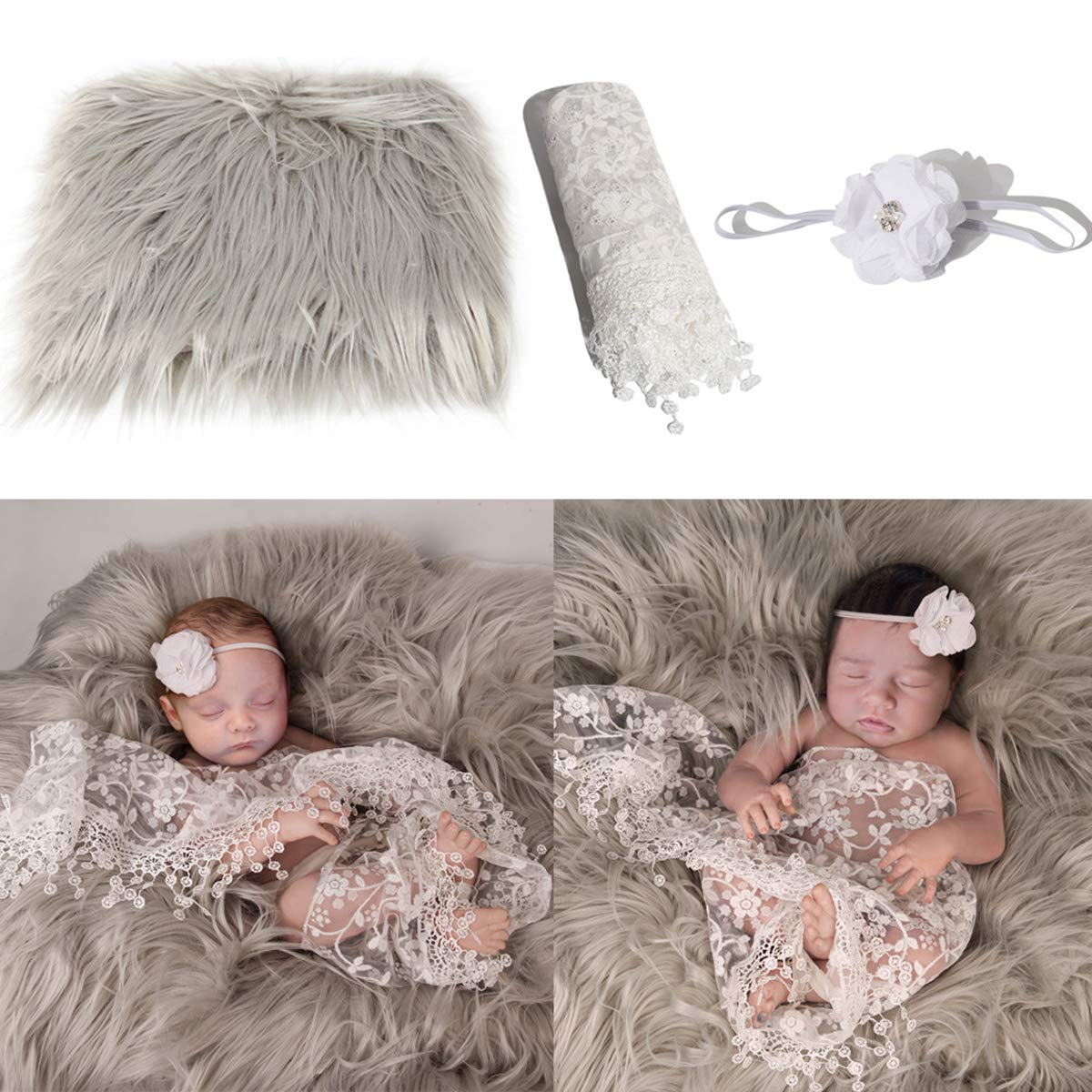 Fealay 3pcs Baby Newborn Photography Props Blanket +Wrap + Floral Headband, DIY Infant Photo Props Photography Mat for Baby Boys Girls