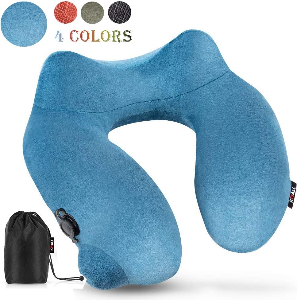 Kmall Inflatable Sleep Neck Travel Pillow Best Cervical Super Comfort 6D Neck Support Travel Neck Pillow for Airplane Travel Neck Pain Car Train Bus Office Home - Machine Washable Blue