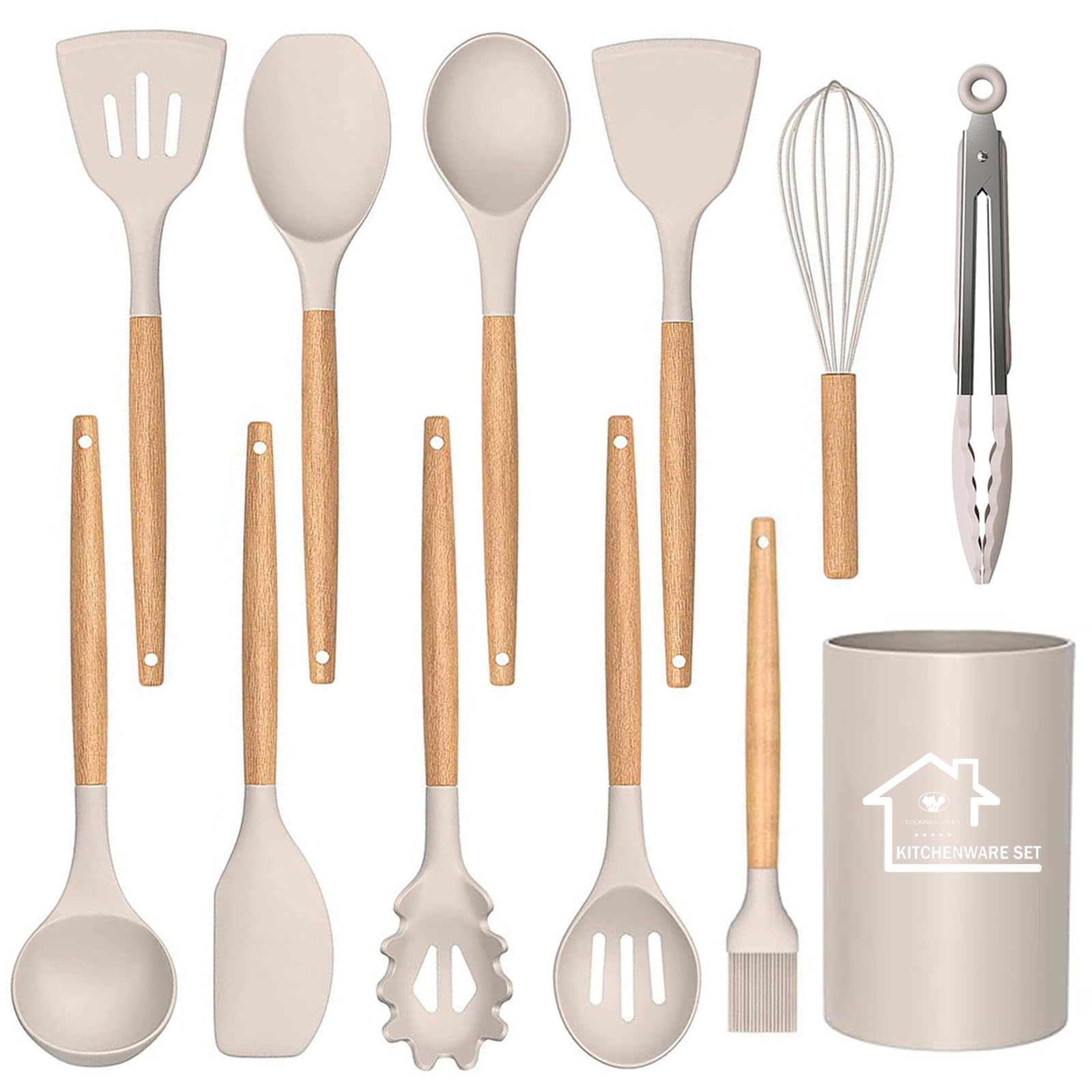 UXIYI Silicone Kitchen Utensils Set, 12pcs Silicone Kitchen Cooking Utensil Set, Kitchen Tools for Nonstick Heat Resistant Cookware, Khaki