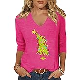Womens Christmas Lights V Neck Shirt Funny Xmas Letter Printed Graphic 3/4 Sleeve Tee Winter Holiday Family Matching Tops