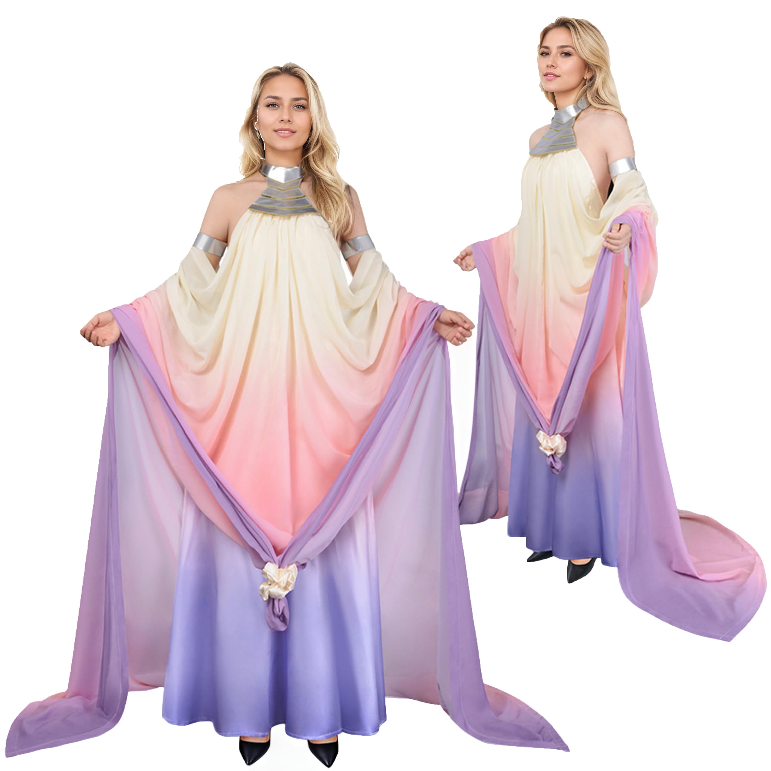Photo 1 of Noknawio Adult Women Padme Amidala Cosplay Dress Robe Pink Padme Costume Princess Long Dress for Halloween (Pink - 1, 3X-Large)