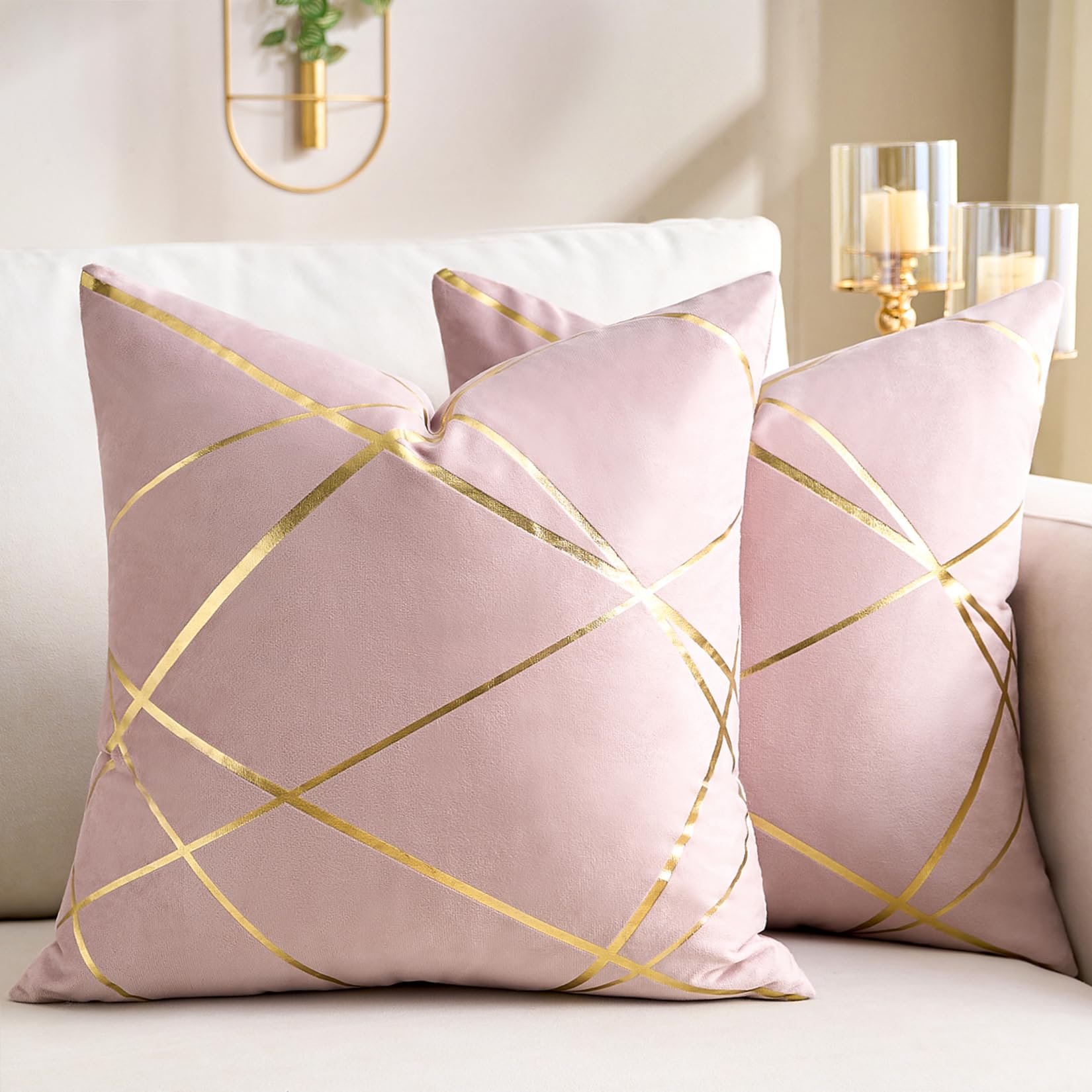 2 Pack Velvet Cushion Cover 40 x 40 CM Pink Decorative Throw Pillow Covers Gold Lines Square Geometry Cushion Case Soft Home for Living Room Bedroom Spring Summer 16 x 16 Inch — image 1