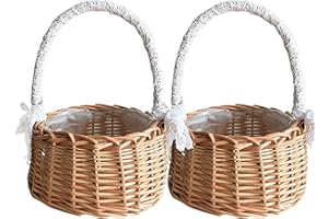 RTWAY Wicker Rattan Flower Basket, Set of 2 Wedding Flower Girl Baskets, Willow Handwoven Basket with Handles and Plastic Insert, Woven Eggs Candy Basket for Home Garden Decor