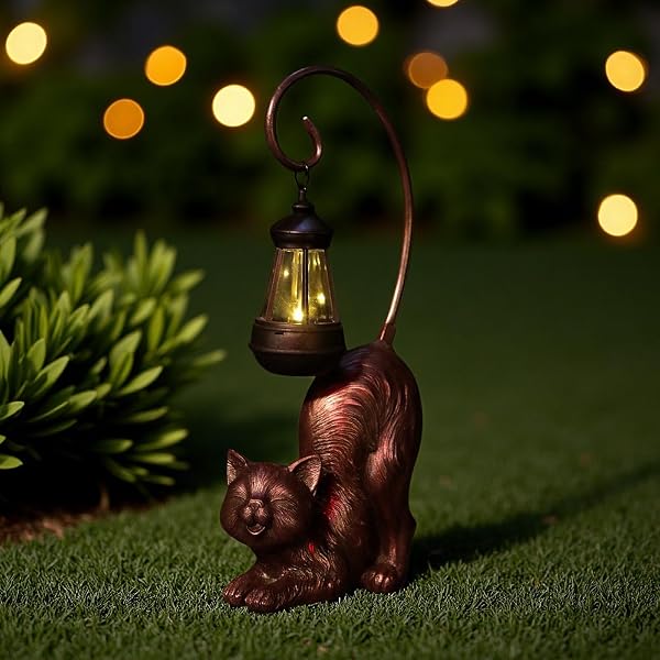 HAPYARD SOLAR CAT FIGURINE, 15.7 INCHES TALL LED WATERPROOF ANTIQUE BRONZE RESIN STATUE, AUTO ON/OFF AT DUSK FOR CAT LOVERS OR MEMENTO GIFT OUTDOOR DECOR