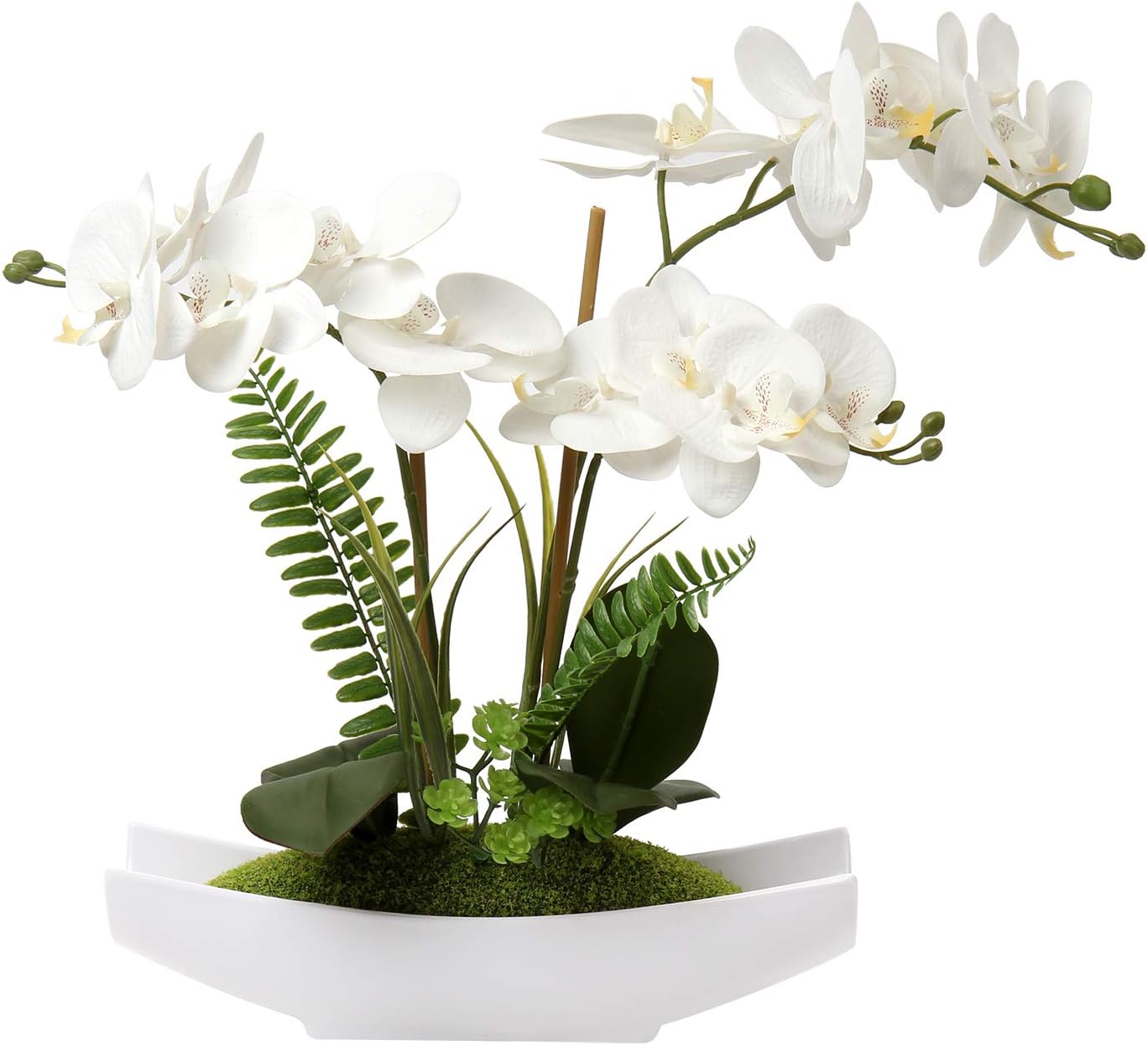 Briful White Orchid Artificial Flowers in Pot, Fake Orchid White Silk Phalaenopsis Flower Arrangement