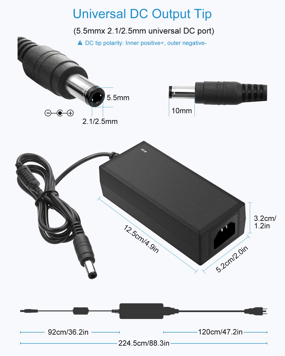 ALITOVE 24V DC Power Supply 2A 48W AC/DC Adapter 100~240V AC to DC 24 Volt 2 Amp Converter 24 vdc 2000mA 1.8A 1.5A 1.3A 1.2A with 5.5mmx 2.5mm 2.1mm Plug for LED Strip Light CCTV Camera DC Pump Fan