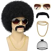 Tereshar 70S Men’s Afro Wig for Disco Party, 5pcs Set (Glasses+ Necklace+ Mustache+ Wig Cap) Black Afro Curly Retro Disco Rocker Wigs for 70S 80S Costume Halloween Cosplay Use