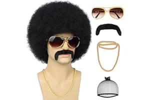 Tereshar 70S Men’s Afro Wig for Disco Party, 5pcs Set (Glasses+ Necklace+ Mustache+ Wig Cap) Black Afro Curly Retro Disco Rocker Wigs for 70S 80S Costume Halloween Cosplay Use