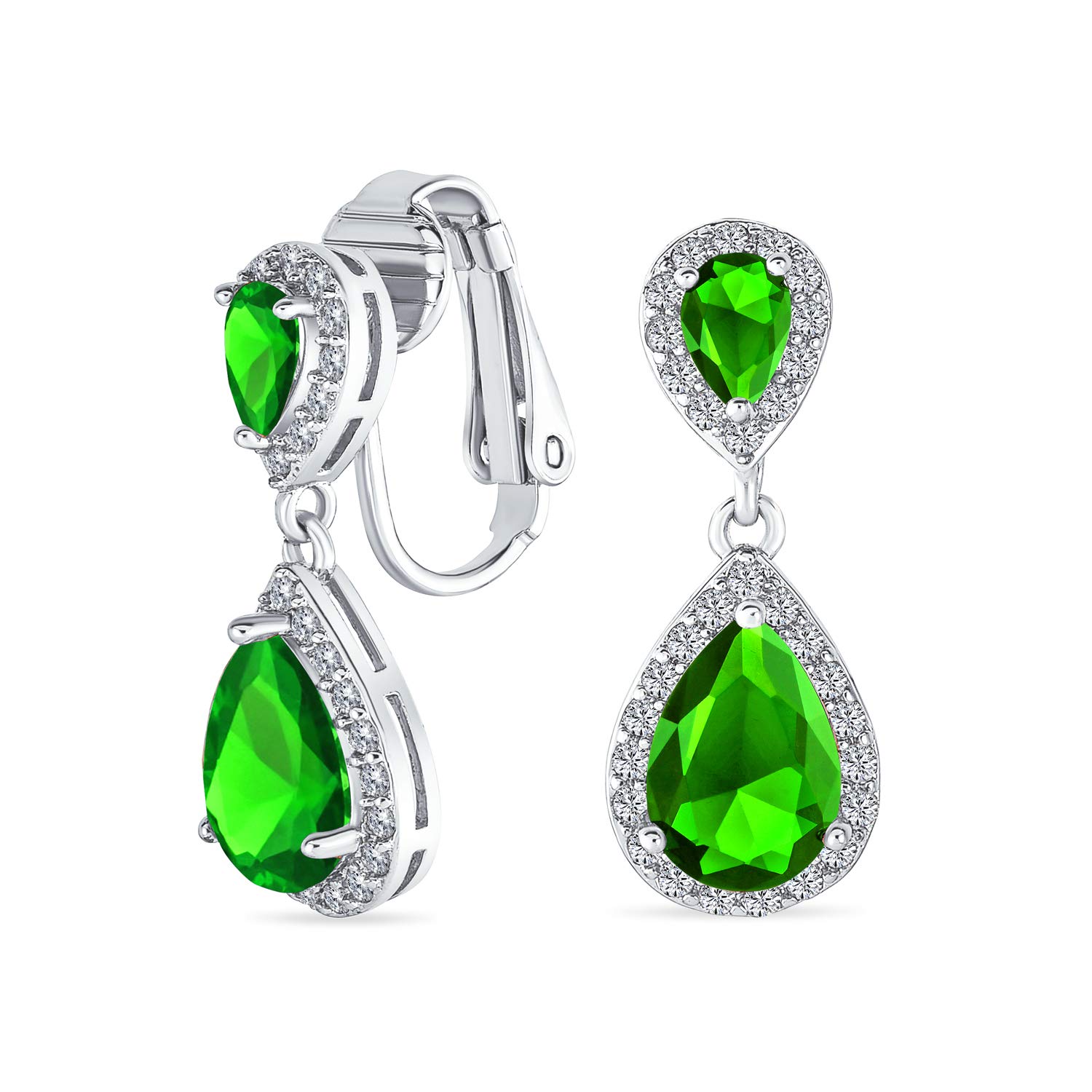 Green Teardrop CZ Halo Prom Drop Statement Chandelier Clip On Earrings Simulated Emerald Cubic Zirconia Silver Plated Brass — image 1
