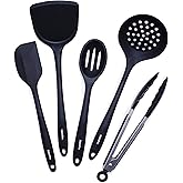 GreenPan 5 Piece Cooking Utensil Set, Flexible Nonstick Silicone, Stain-Free, Tongs, Turner, Spatula, Skimmer, and Slotted Spoon, Black