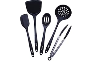 GreenPan 5 Piece Cooking Utensil Set, Flexible Nonstick Silicone, Stain-Free, Tongs, Turner, Spatula, Skimmer, and Slotted Sp