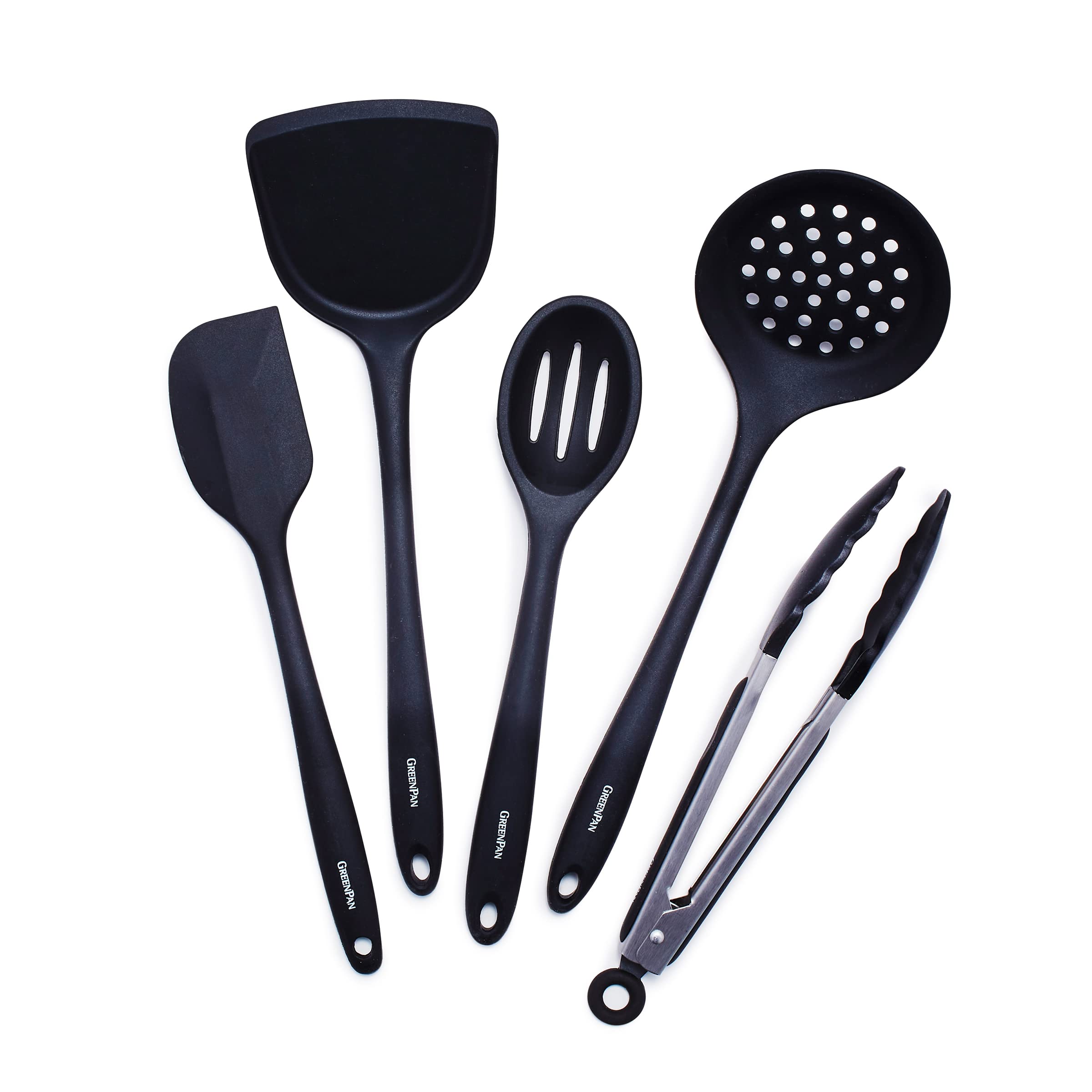 Photo 1 of GreenPan 5 Piece Cooking Utensil Set, Flexible Nonstick Silicone, Stain-Free, Tongs, Turner, Spatula, Skimmer, and Slotted Spoon, Black