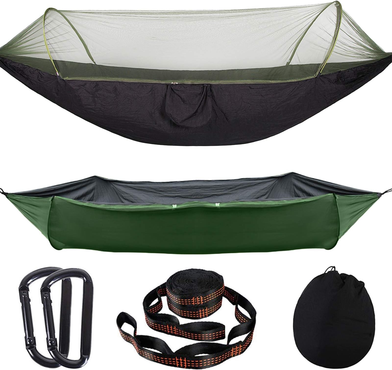 AMZQJD Camping Hammock with Automatic Pop-up Mosquito Net, Portable Single & Double Hammock with Tree Straps, Carabiners and Storage Bag for Outdoor, Travel, Hiking(Black)
