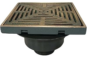 Heavy Duty Square Floor Drain, Commercial/Industrial, 12 in, Nickel Bronze Grate, Epoxy-Coated Cast Iron Body, Adjustable Hin