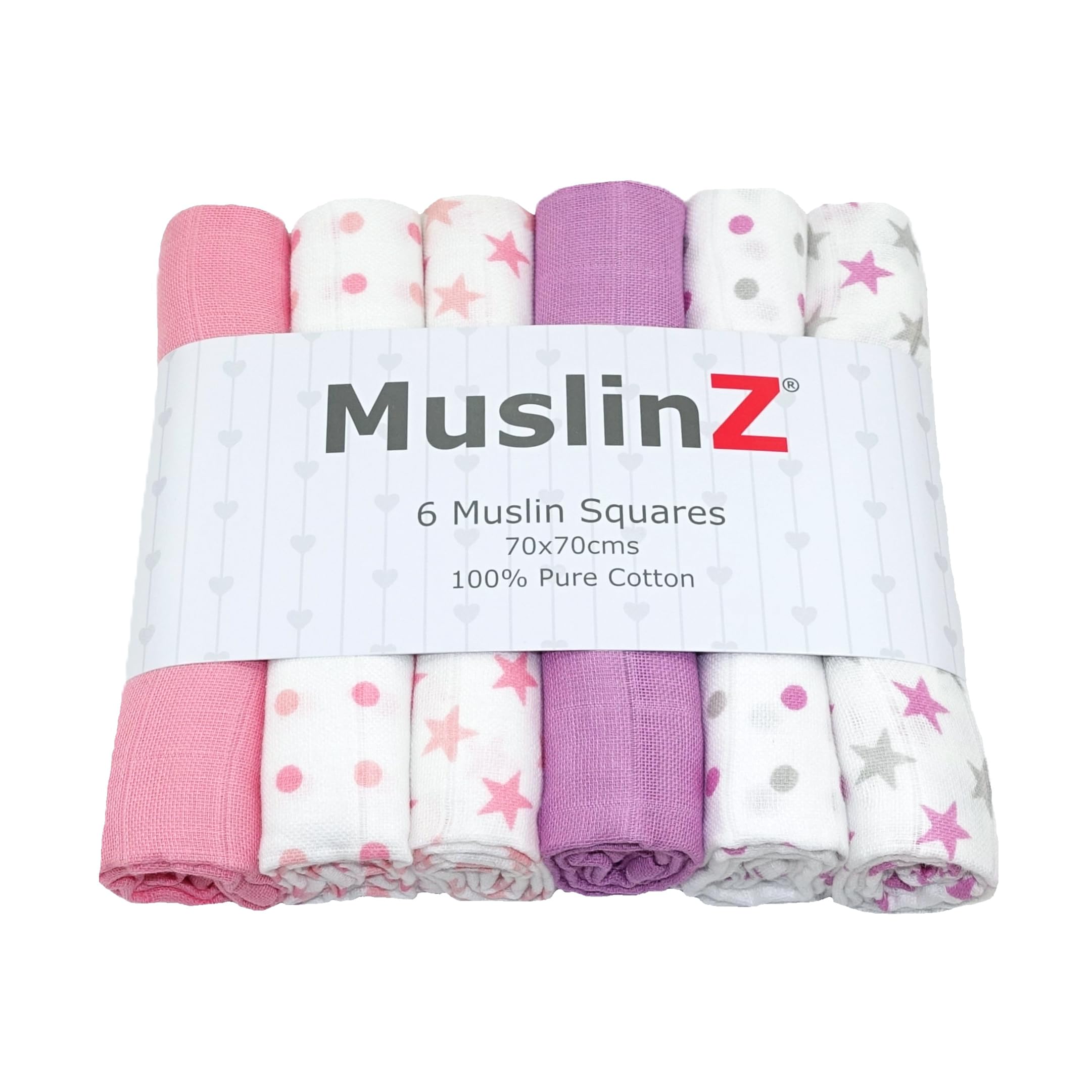 MuslinZ Muslin Squares - Muslin Cloths for Baby - Baby Burp Cloths - 6 Pack Muslins - Large 70cm - Cotton - Absorbent & Breathable - Multi Use Newborn Cloths (Bright Pink And Violet Mix)