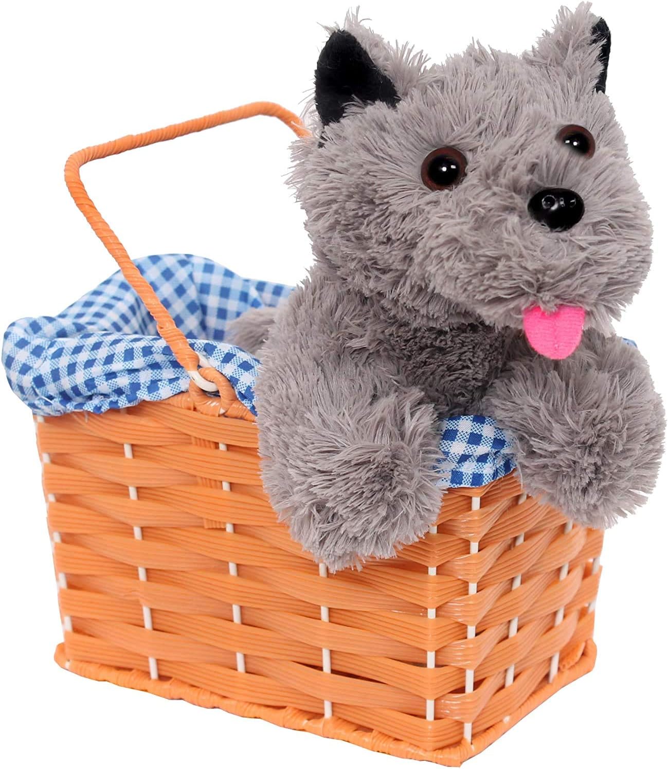 KANSAS GIRL CUTE DOG IN BASKET FANCY DRESS ACCESSORY - GREY TERRIER PLUSH TOY DOG TOY TOTO FANCY DRESS ACCESSORY - PERFECT FOR BOOK WEEK FANCY DRESS