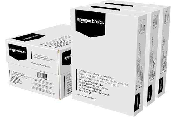 Amazon Basics 30% Recycled Multipurpose Copy Printer Paper, 8.5" x 11", 3 Reams, 1500 Count (Sheets), White