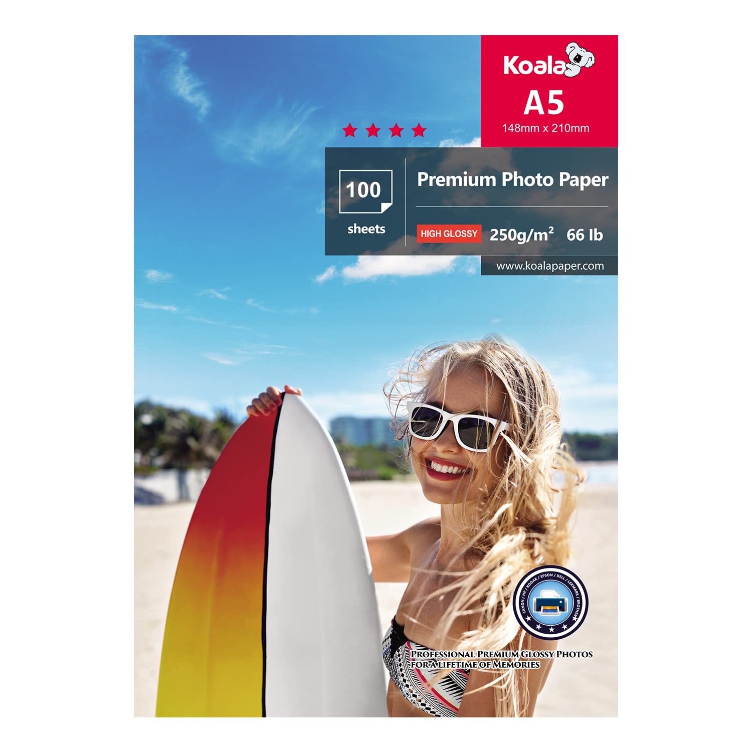 KOALA Glossy Photo Paper A5 Size 210x148mm 250gsm 100 Sheets with Premium High Glossy Advanced Resin Coated for Canon Hp Epson Inkjet Printer