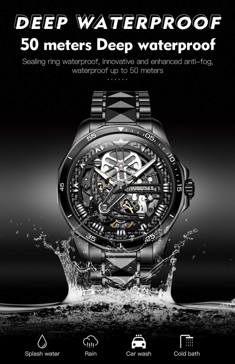OLEVS Mens Automatic Watches for Men Skeleton Mechanical Luxury Black Silver Wrist Watches Waterproof Luminous Sapphire Crystal