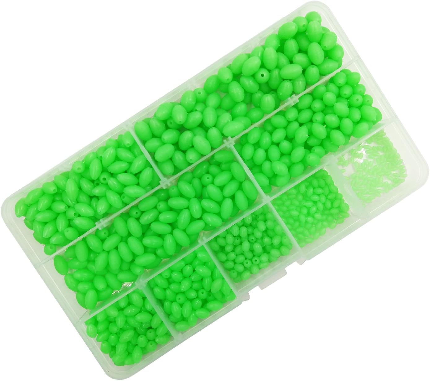 Milepetus luminous Glow Fishing Beads,Hard Plastic Oval Shaped Fishing Eggs,Assortment Green Sea Fishing Bead Fishing Tackle Floating Tools Eggs,900pcs/box 9 size