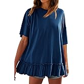 Tankaneo Womens Peplum Oversized Tshirt Summer Flowy Casual Shirt Dress Crew Neck Pleated Babydoll Beach Tunic Tops Navy