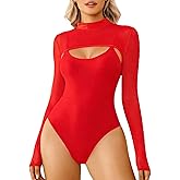 Avidlove Womens Long Sleeve Bodysuits Mock Turtle Neck Shapewear Bodysuit Sexy Mesh Bodysuit Two Piece Outfit Cami Tops