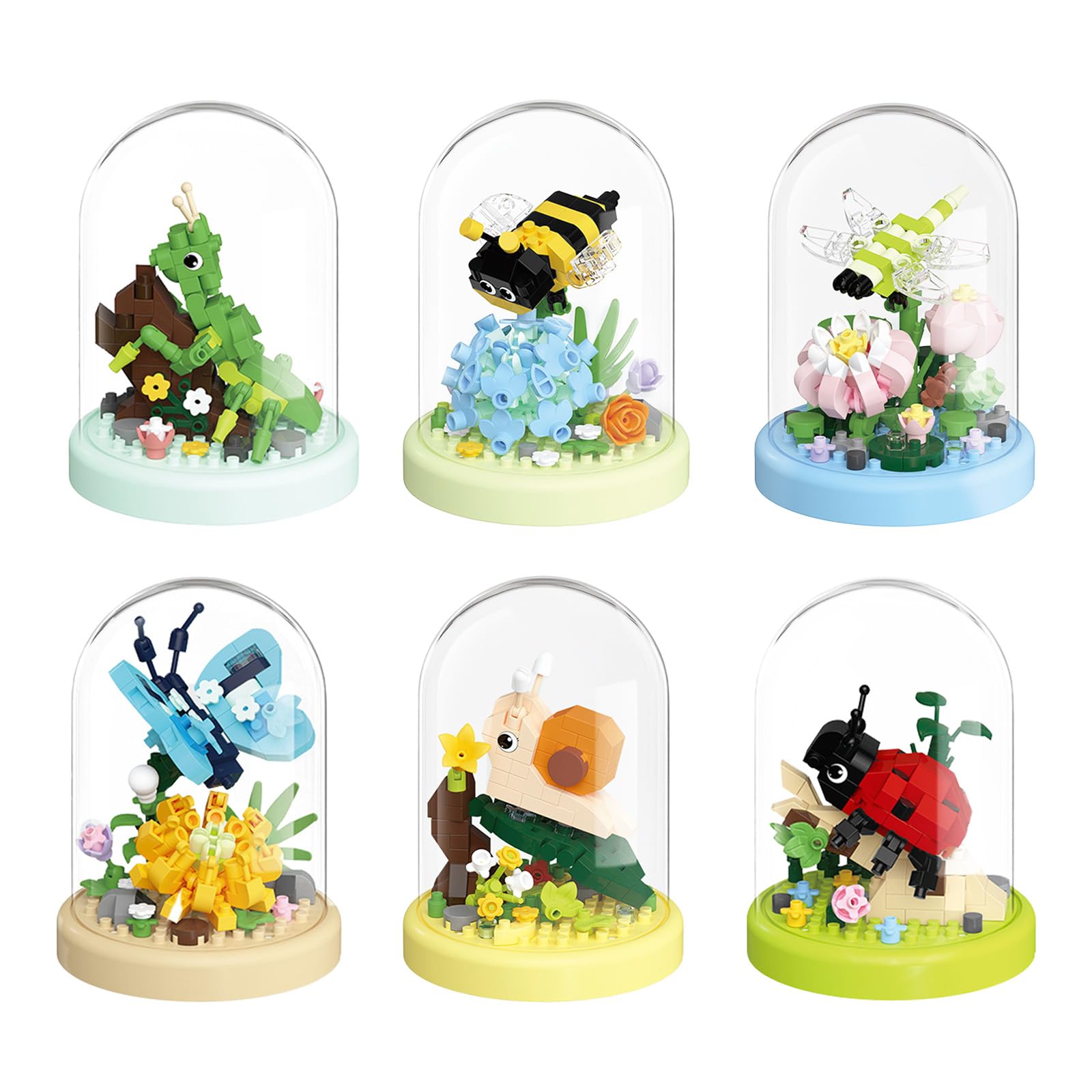 Pilikoll 6 Pcs Flowers and Insect Micro Building Set Mini Animals Flower Building with Transparent Cover Botanical Building Blocks Mini Artificial Flowers and Insect Blocksfor Adults Boys Girls