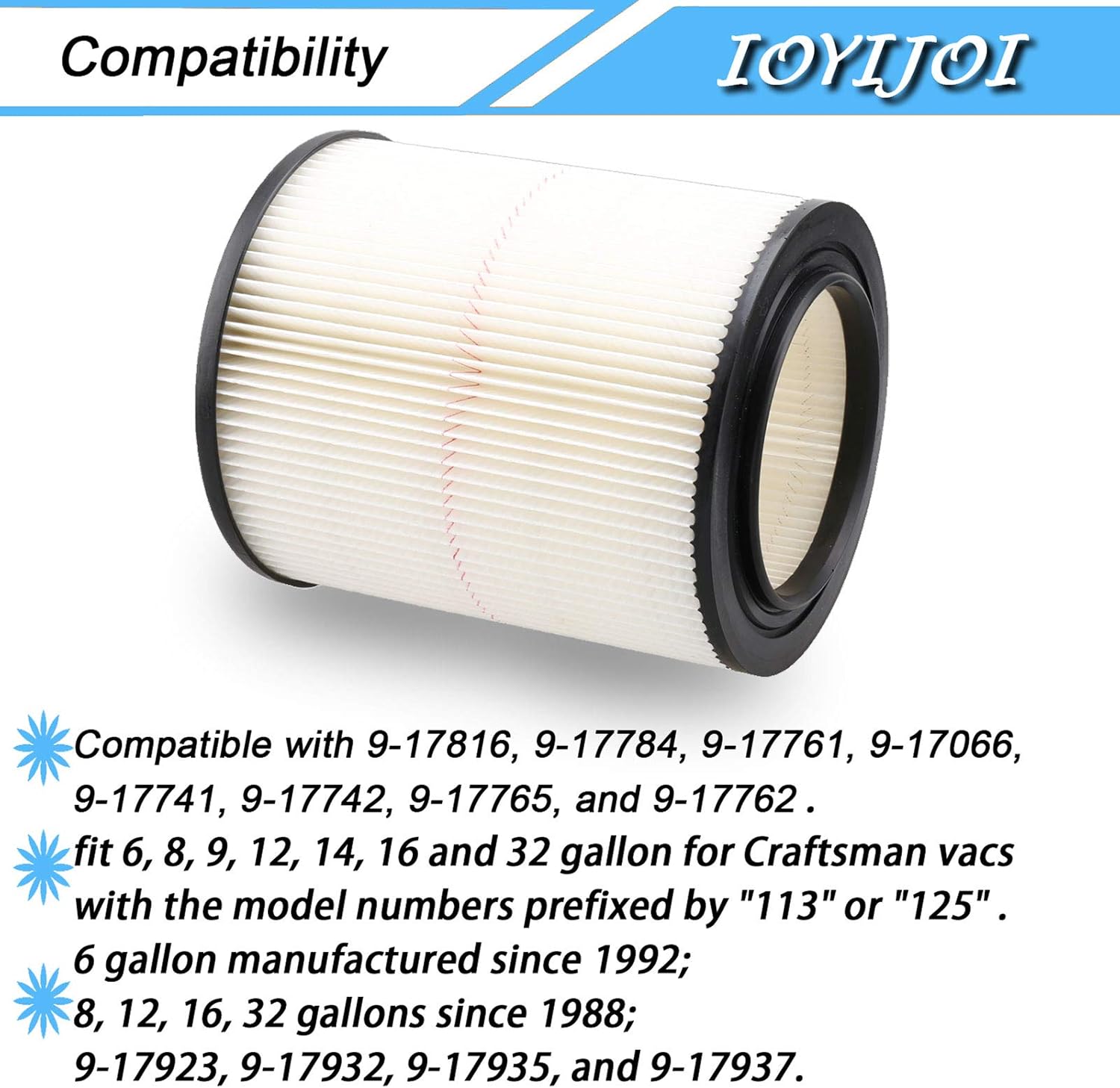 IOYIJOI 2 Pack Wet/Dry Filter Replacement for Craftsman Vac 9-17816 fit 5 Gallon & Larger Vacuum Cleaner - - 