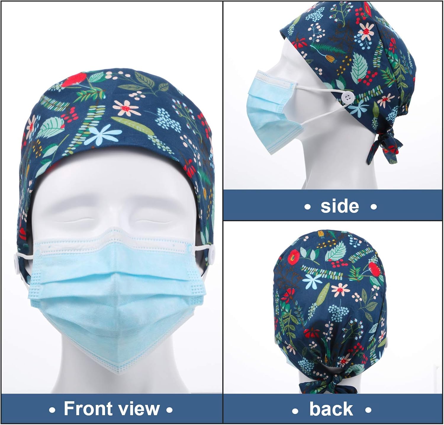 4 Pieces Bouffant Hats Working Cap with Button Sweatband, Adjustable Tie Back Floral Animal Printed Unisex Caps for Women Men: Clothing