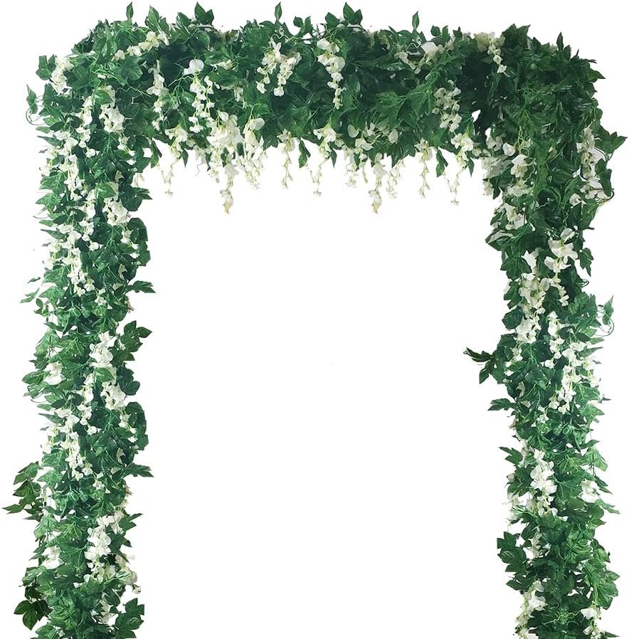 4 PCS(28.8 Ft) Artificial Flower Vine Silk Wisteria Garland Hanging Rattan with Ivy Leaf for Wedding Home Decor (White)