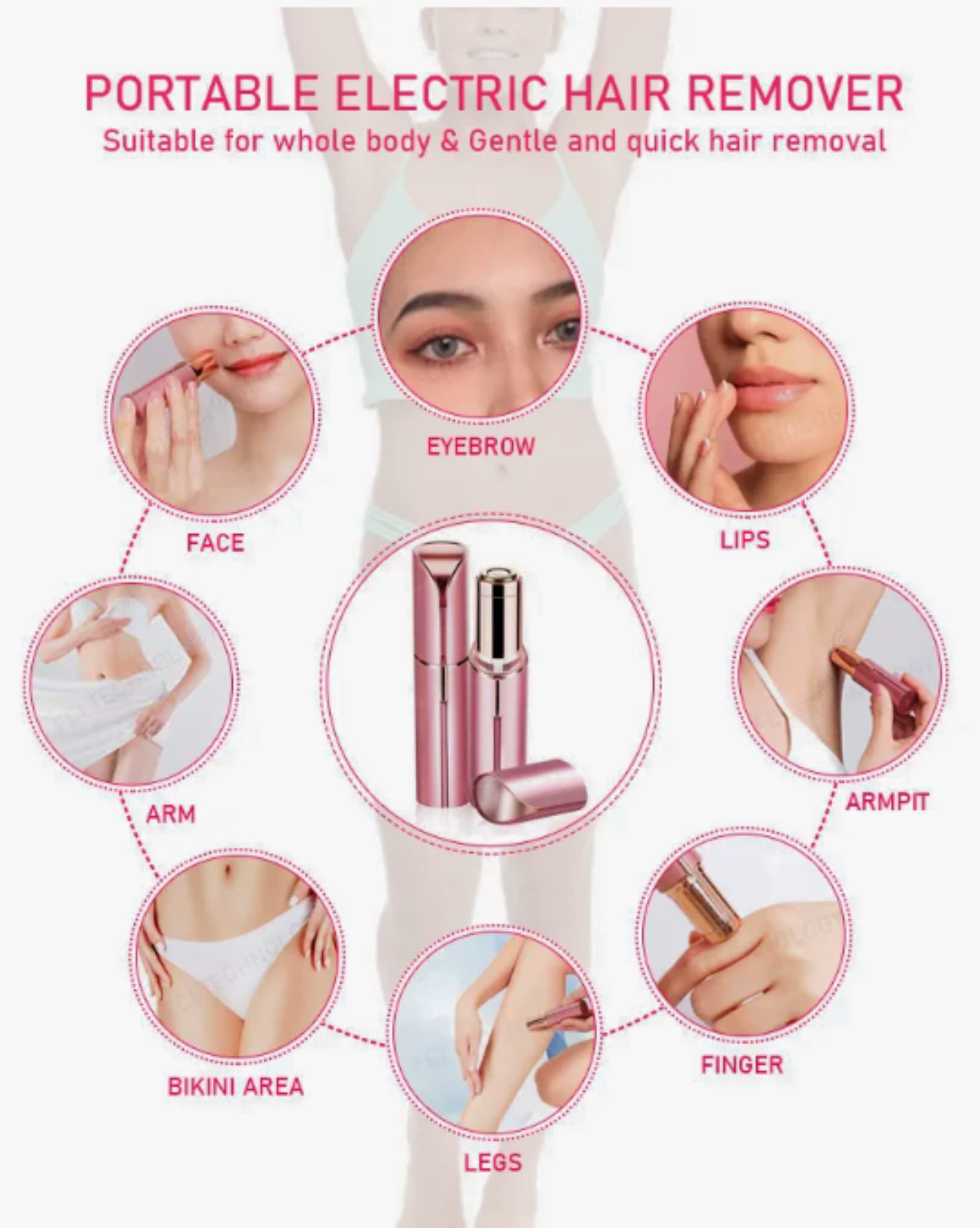 Facial & Body Hair Remover for Women, Electric Face Razor with Led Light for Instant and Painless, Safe Trimmer, Hair Face & Body, Upper Lip, Chin, Bikini, Safe and Compact (Rose/Gold)