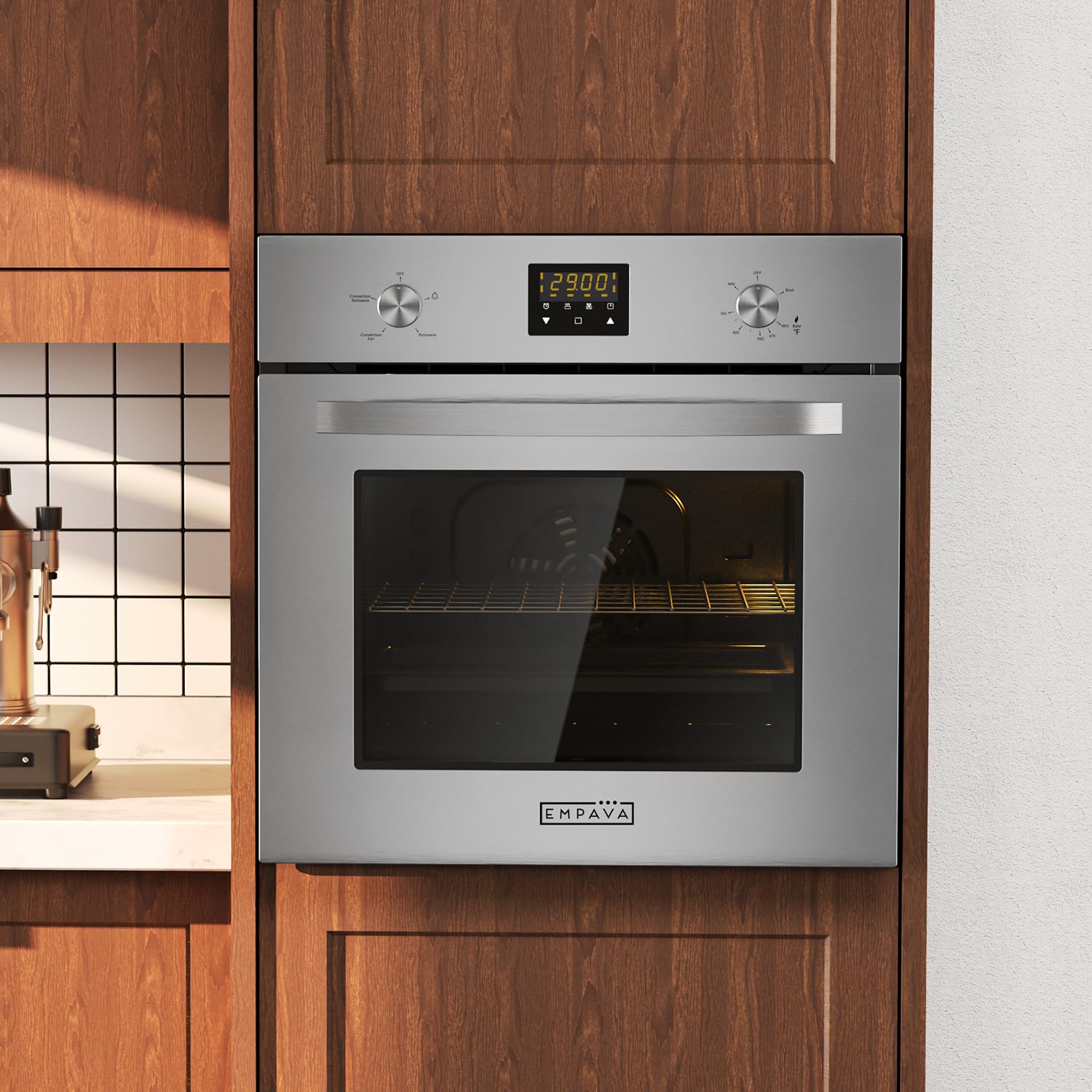 Empava Single Gas Wall Oven with Bake Broil Rotisserie Functions, Mechanical Controls Digital Timer Convection Fan in Stainless Steel, 24 Inch