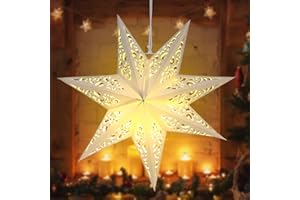 Kingdder Star Paper Lanterns Lampshade with LED Light 7 Pointed Moroccan Hollow out Stars Party Decoration for Weddings Christmas Tree Birthday, 20 Inches(Warm Yellow)