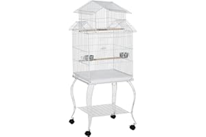 PawHut 53.9'' Large Rolling Steel Bird Cage Bird House with Detachable Rolling Stand, Storage Shelf, Wood Perch, Food Contain