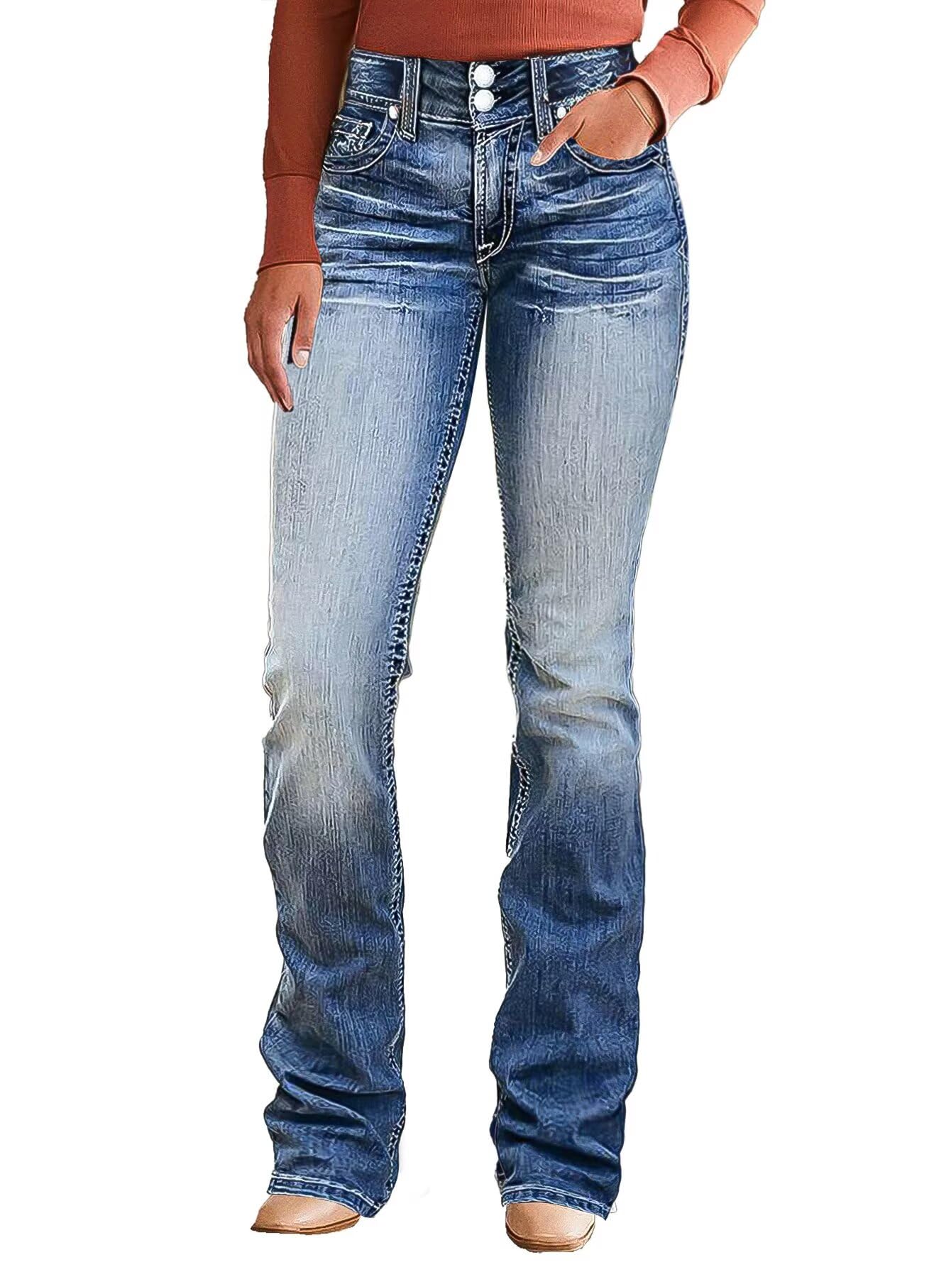 Photo 1 of (medium) Flamingals Boot Cut Jeans for Women Trendy High Waist Tummy Control Jean Flare Jeans Straight Denim Pants Mid Blue Wash M