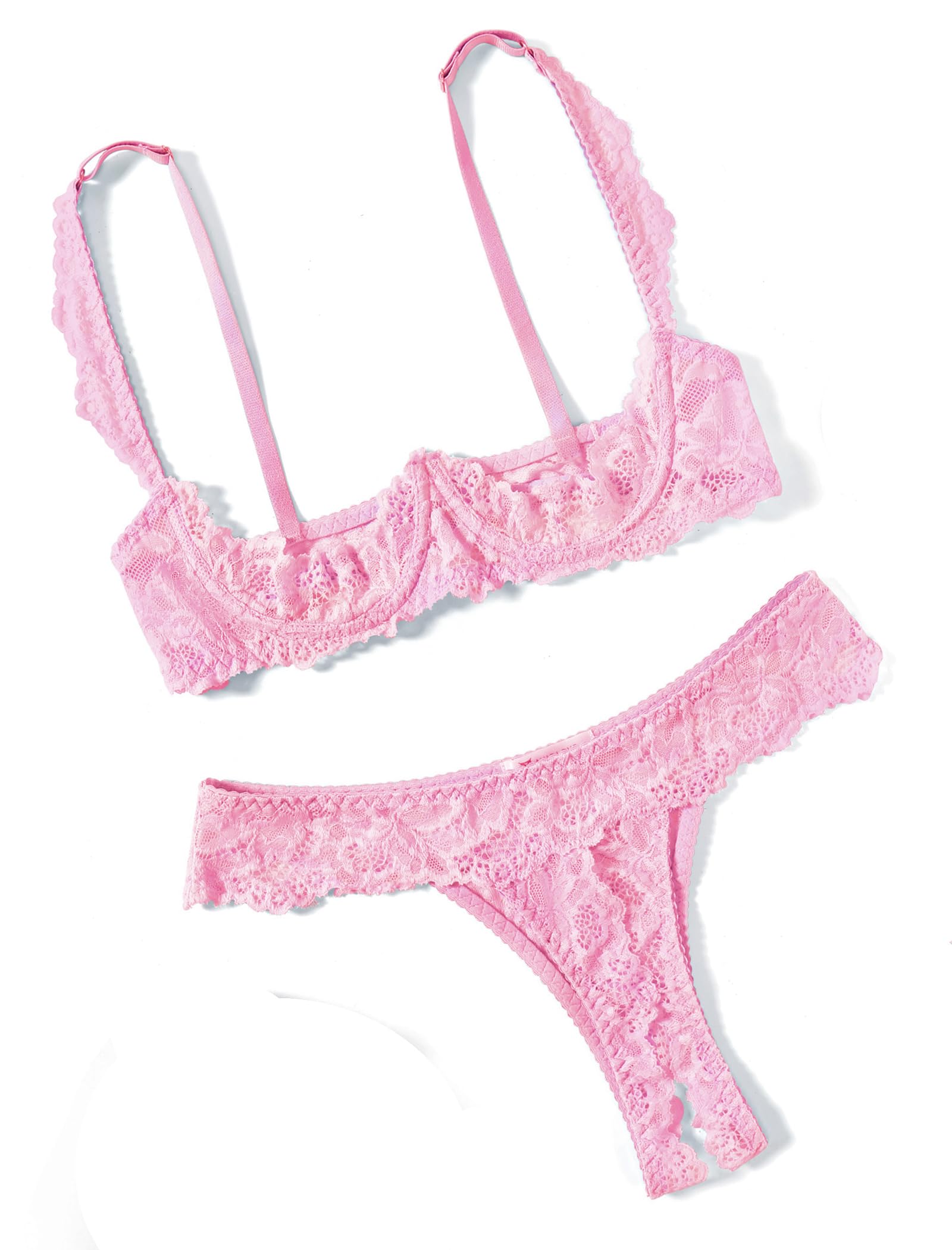 Photo 1 of Avidlove Sexy Lingerie for Women Lace Mesh Matching Bra and Pantys Set Push Up Bralette 2 Piece Lingerie Pink XL
