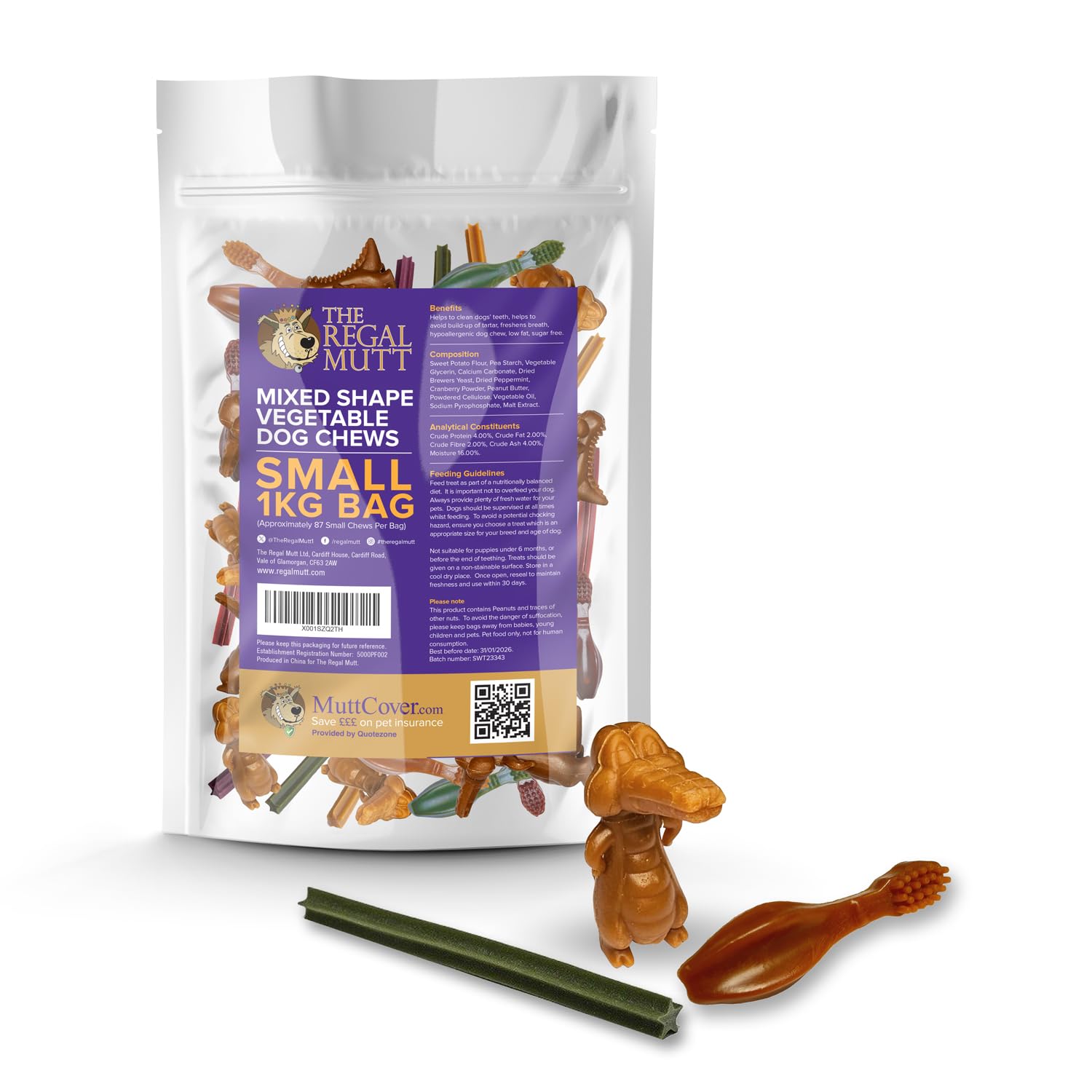 The Regal Mutt - Vegetable Dog Chews - Mixed Shape Variety Pack - Small - 1kg Bag