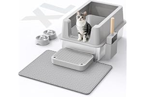 VNAKIO Stainless Steel Cat Litter Box - Enclosed XL Metal Kitty Litter Box with Lid for Big Cats, High Sided, Anti-Leakage, Easy Cleaning, Non-Sticky, Included Litter Mat, Cat Bowl & Spoon