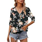 Grlasen Women Fashion Half Sleeve V Neck T Shirts Printed Summer Casual Loose Fit Tops