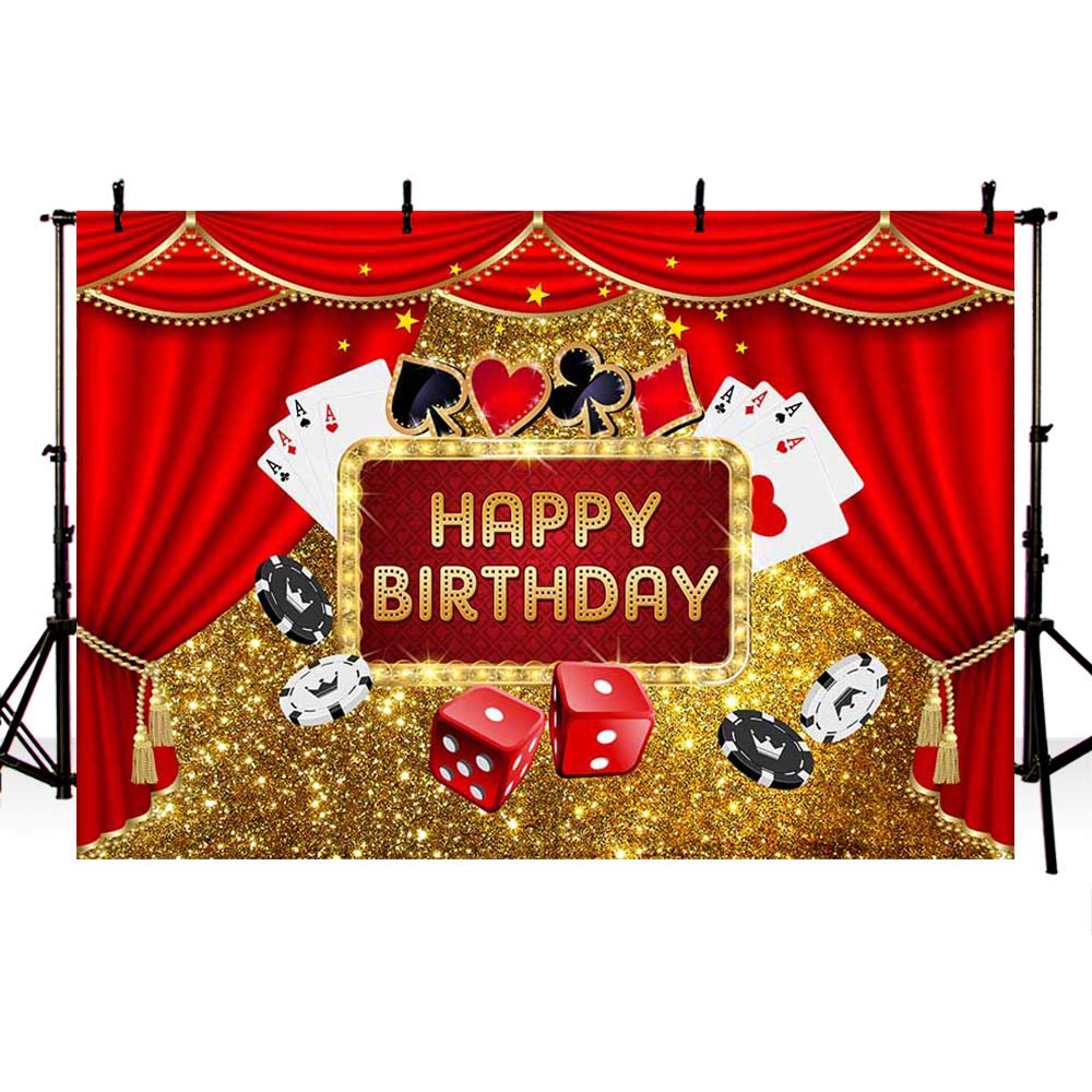 MEHOFOND 7x5ft Las Vegas Casino Theme Backdrop Red Curtain Happy Birthday Photography Background Carnival Night Party Decoration Poker Cards Dice Golden Glitter Sequins Photo booth Props Studio Banner