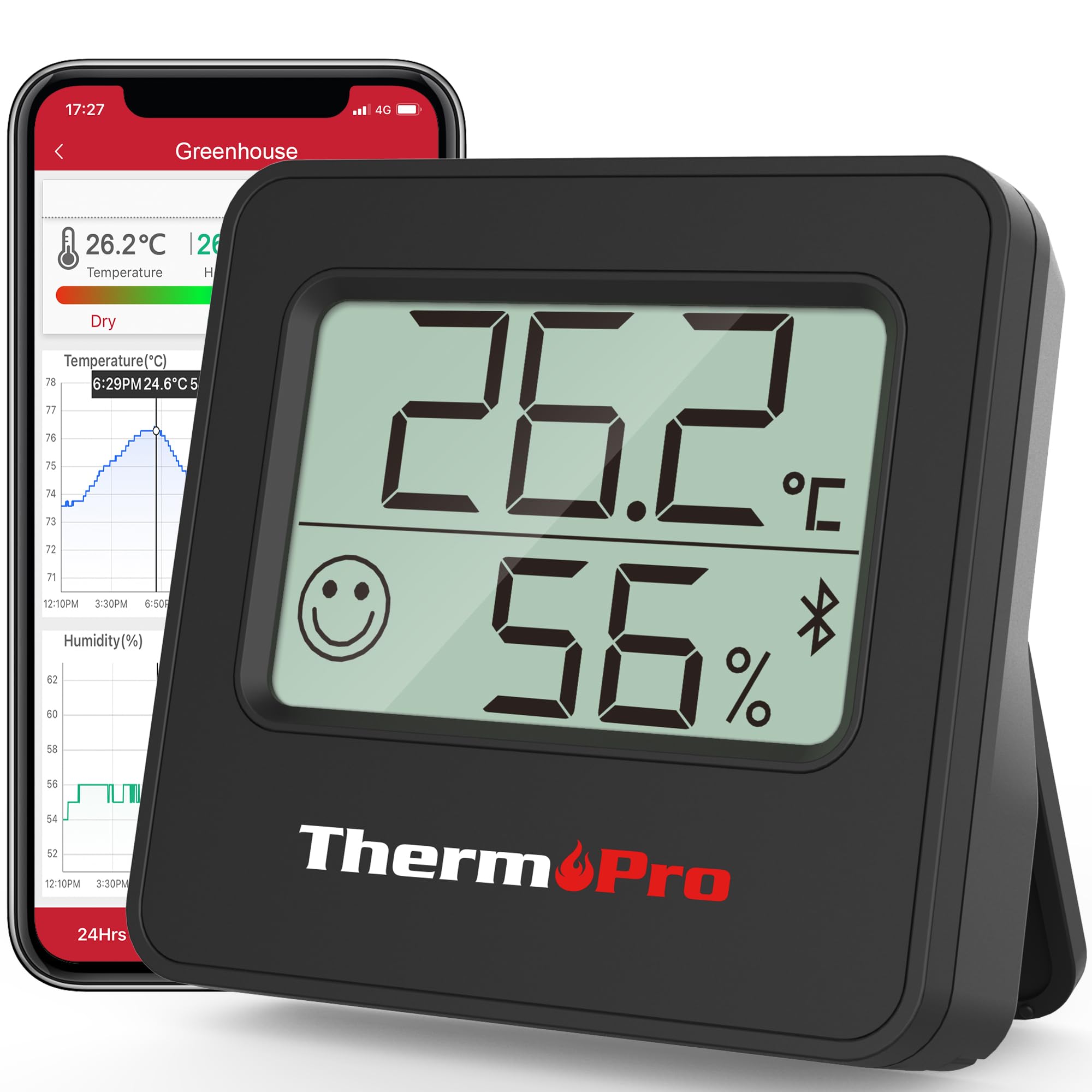 ThermoPro TP357 Bluetooth Hygrometer Mini Room Thermometer Indoor with Alerts, Humidity Meter and Temperature Monitor with Smart App and Data Recording with Humidity Sensor for Baby Room Office