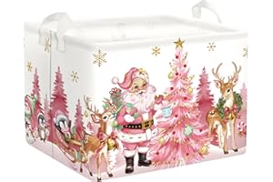 HUUMONSS Pink Santa Claus Baby Laundry Hamper Christmas Clothes Kids Storage Basket Large Poinsettia Reindeer Sleigh Snowflake Girls Gift Toy Box Bin, Tree, 36L