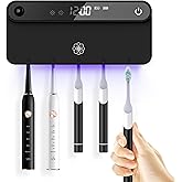 Bloom Toothbrush Sanitizer and Holder for Bathroom Walls, Strong 3M Adhesive, Time Display, Long-Lasting Charge, 5 Slots for Any Size Toothbrush, Black