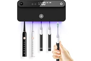 BOWER AND BLOOM Bloom Wall Toothbrush Holder for Bathrooms, Toothbrush Sanitizer, Strong 3M Adhesive, Time Display, Long-Lasting Charge, 5 Slots for Any Size Toothbrush, Black