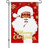 HOMETITUTE Merry Christmas African Santa Garden Flag 12x18 Inch Double Sided Santa Claus Face Red Snowflake Flags Holiday Outdoor Small Yard Banner Winter Christmas Welcome Flag for Farmhouse Decor