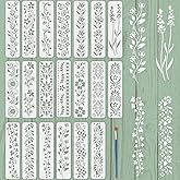 FINGERINSPIRE 20 PCS Strip Lace Stencils 11.8x3inch Floral Leaf Stencil | With Brush Flower Leaves Border Stencils for Painting Reusable Plant Theme Template for Crafts Drawing Card Making Wall Decor