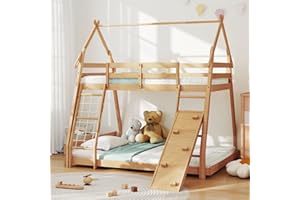 DUMOS Bunk Bed Twin Over Full, House Bunk Bed with Climbing Nets and Climbing Ramp, 82.6'' Hight Full Kids Bed Frame for Boys Girls Bedroom, Dorm Room