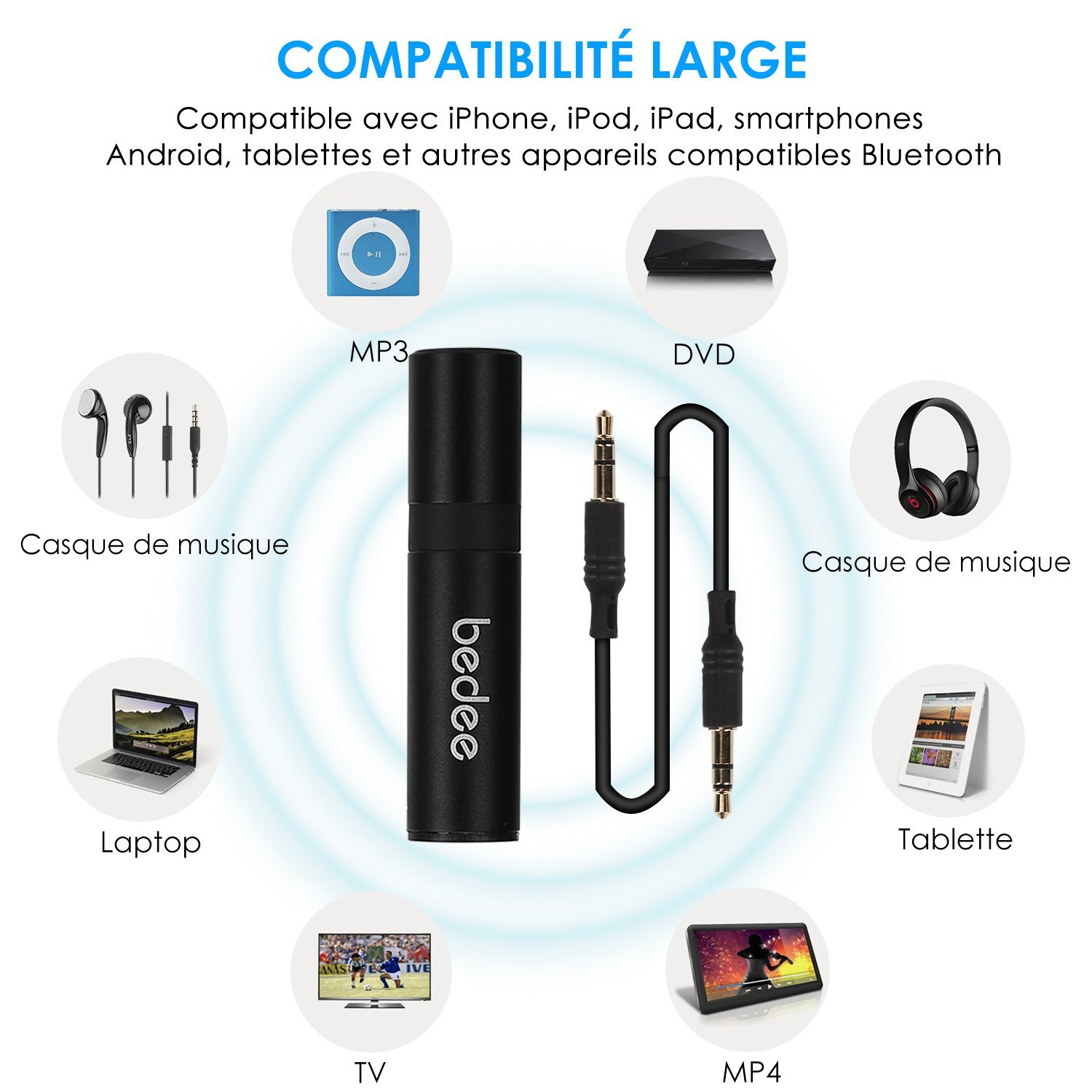 Récepteur Bluetooth 4.1 Voiture, bedee Mini Adapteur Audio, Kit Voiture Mains Libres avec Sortie Stéréo Compatible avec le Système Audio 3.5mm Jack pour Maison / Casque / Téléphone / PC / Tablette / Véhicule