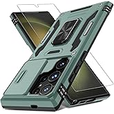 DEERLAMN Case for Samsung Galaxy S25 Ultra with Slide Camera Cover+Screen Protector (1 Pack), Rotated Ring Kickstand Military Grade Shockproof Protective Cover-Green